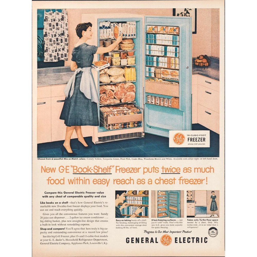 1956 GE General Electric Book Shelf Freezer Vintage Print Ad Midcentury Kitchen